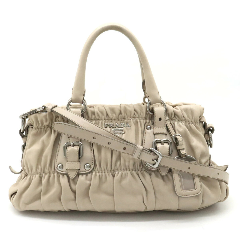 Prada Gathered Handbag Crossbody Bag Leather POMICE Greige Gray